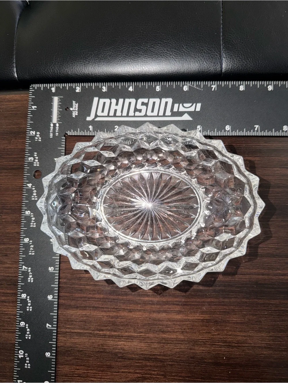 Vintage Pressed Glass with Sea Saw Edge and starburst pattern, cubist Mid-Centur